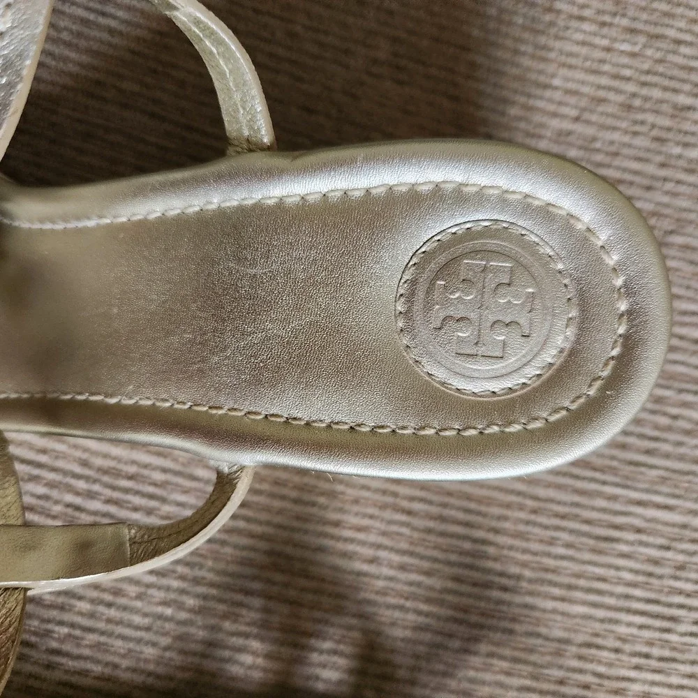 Tory Burch Gold Metallic Miller Logo T-Strap Low Wedge Sandal Leather Size 10M